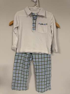 Grace & James Boys 4T White Long Sleeve Polo and Gingham Pant Set